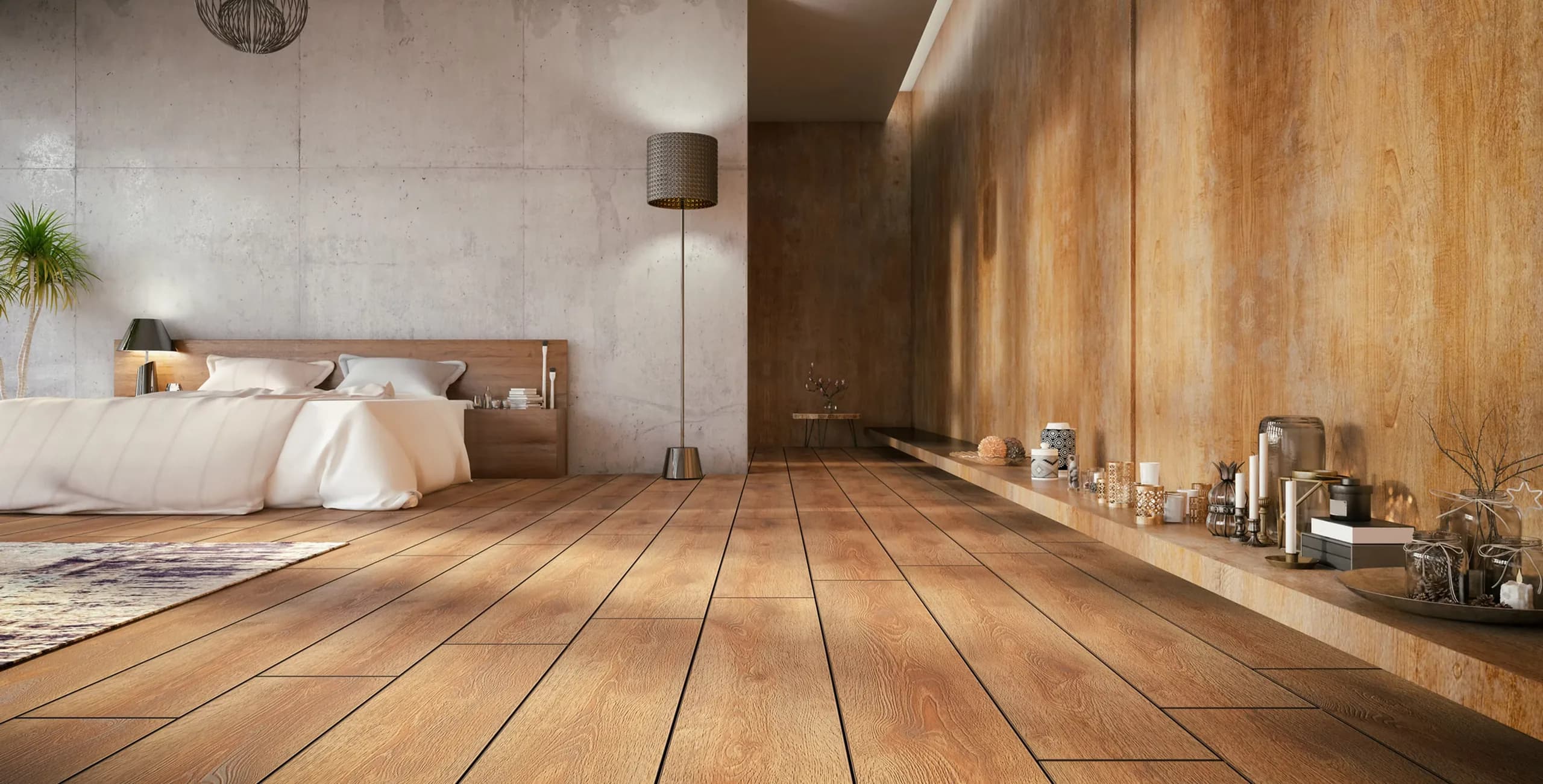 Modern bedroom with wide-plank hardwood flooring by Dallia Floor & Wall